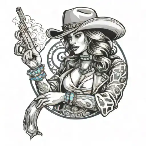 Cowgirl Wearing Turquoise Jewelry With A Cowboy Hat Holding A Gun And Smoking A Cigarette
