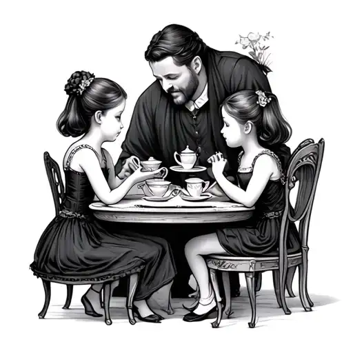 Father Watching Over 3 Girls Having A Teaparty