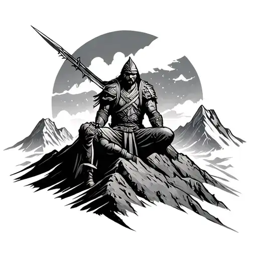 Warrior Sitting Alone On Mountain
