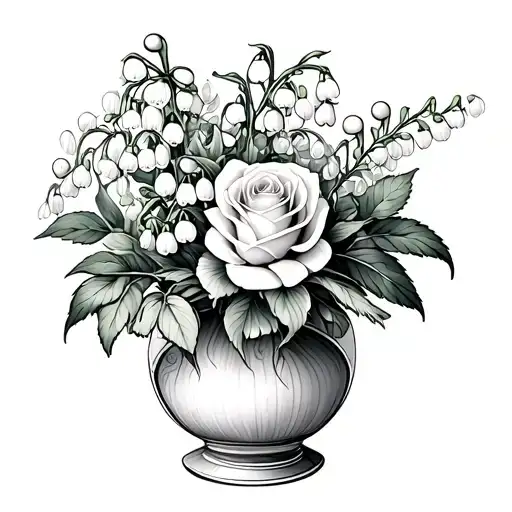 Lily Of The Valley And Rose Intertwined In A Vase Filled Fine Line