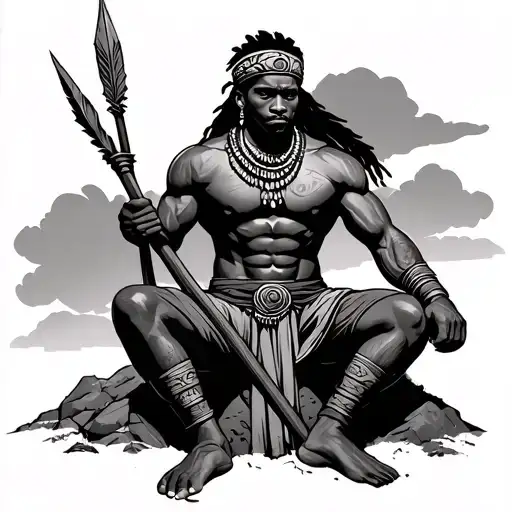 Muscular African Warrior Sitting Alone On Mountain With Spear
