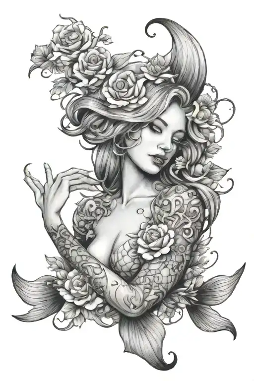 Facless Swimming Mermaid With Flowers Intertwined Within