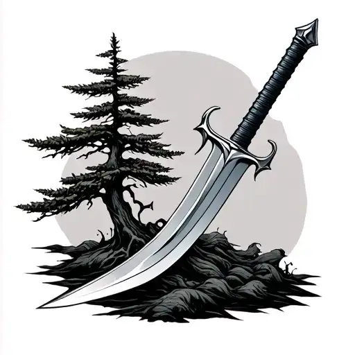 A Broken But Sharp Sword With A Cypress Tree Combined