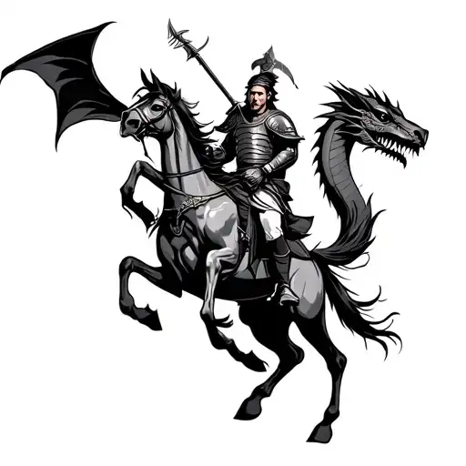 Roman Warrior Riding A Horse Fighting A Dragon