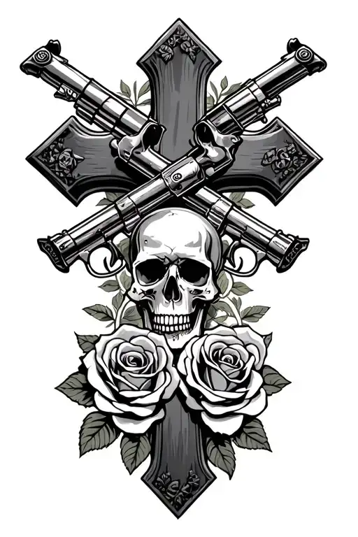 A Cross With Roses Around It And Two Revolvers Crossing With Skull