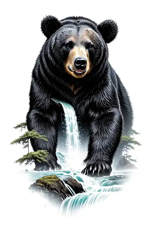 Black Bear And Waterfall Cascading