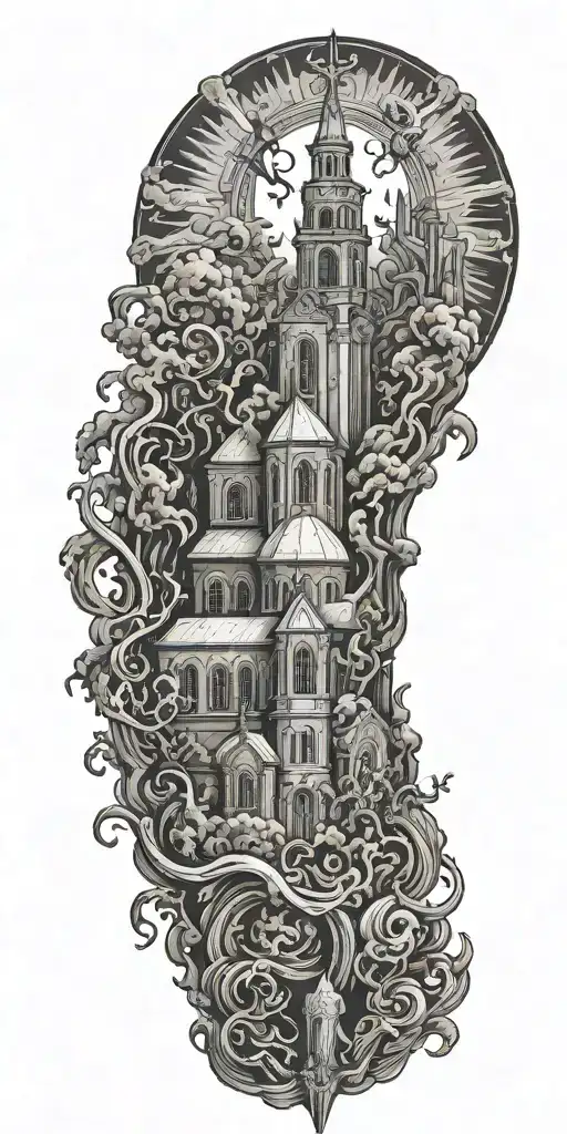 Burning Catholic Churce In A Landscape With Satanic Creatures Around It