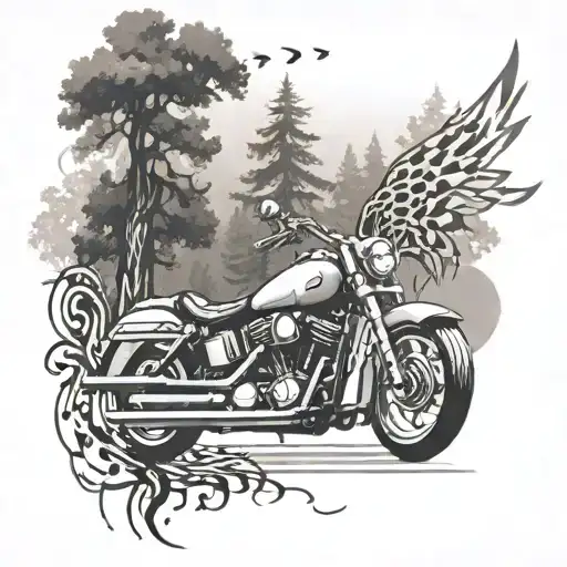 A Motorcycle Speeding Through A Forest With Musical Notes Floating In The Air