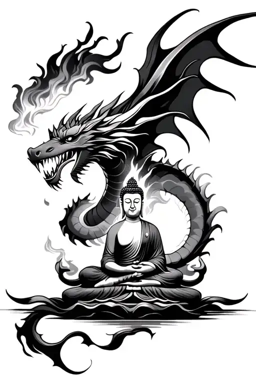 Dragon Breathing Fire Into Buddha Symbol