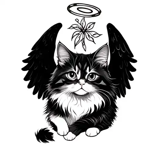 White Fluffy Cat With Angel Wings And Halo In Asian Style