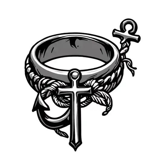 Fine Line Ring Tattoo With Anchor And Cross