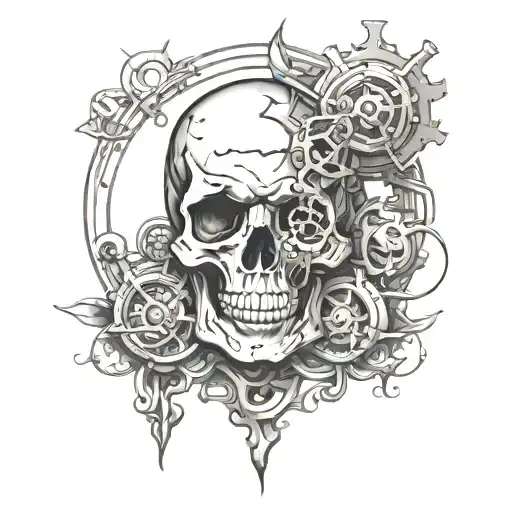 Skull And Poket Watch Mechanism Intertwined