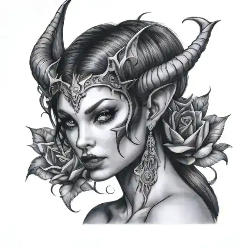 Design A Tattoo Of A Succubus In A Classic Black And Grey Portrait Style