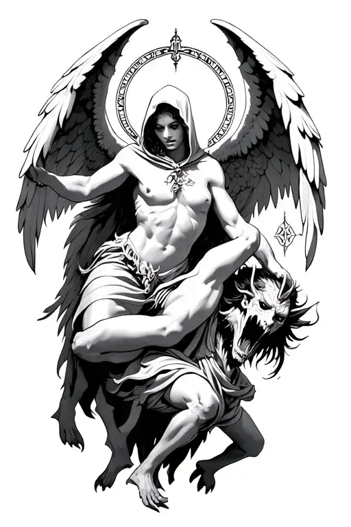 Hooded Arch Angel Defeating A Demon