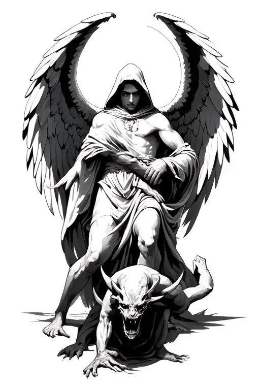 Hooded Arch Angel Defeating A Demon