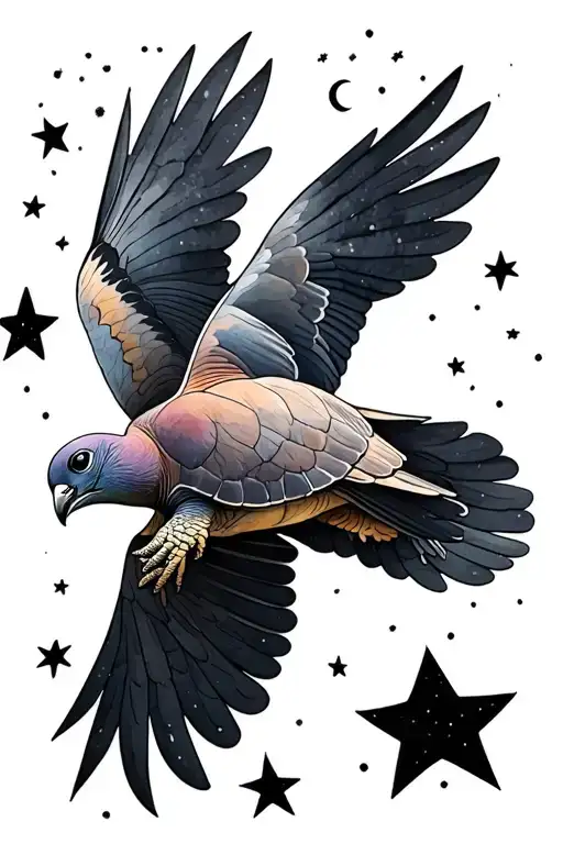 European Turtle Dove Flying Outline With Stars And A Moon Plus Watercolor Added