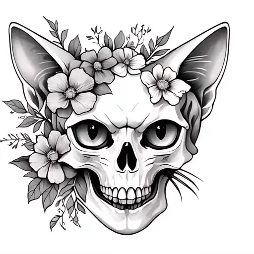Cat Skull With Flowers