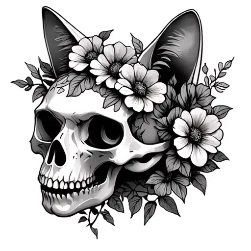 Cat Skull With Flowers Growing Out Of It