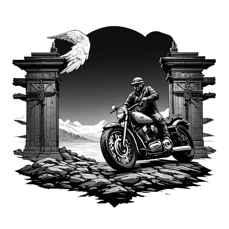 Rocky Road With Gates Of Heaven With Man On Motorcycle