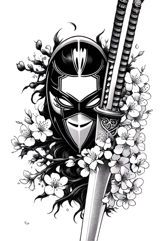 A Worn Katana Blade Covered In Cherry Blossoms While Stabbing In A Yoroi Mask