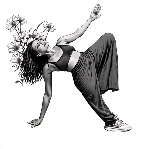 Dance Pose Hip Hop And Flower Growing Line Drawing