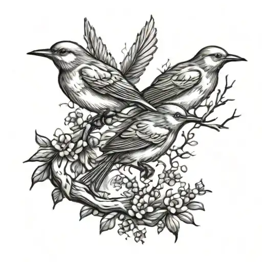 3 Birds On A Branch One Bird Flying Away