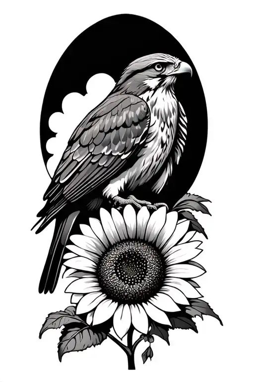 Red Tailed Hawk And Bluebird Sitting On A Sunflower