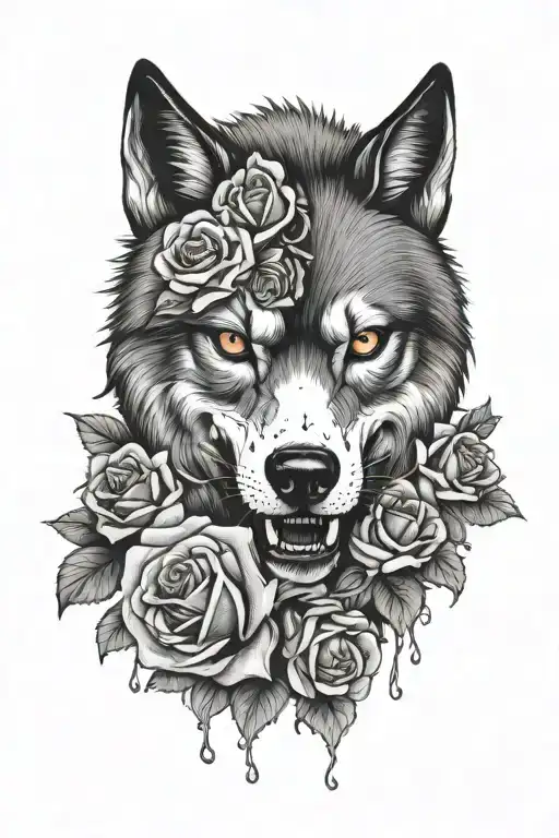 Wolf Skull With Roses And Blood