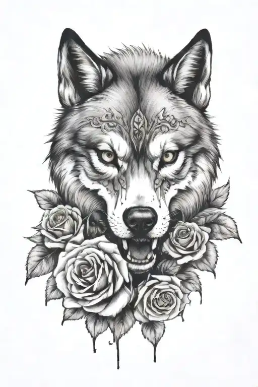 Wolf Skull With Roses And Blood