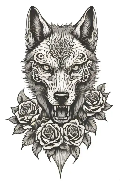 Wolf Skull With Roses