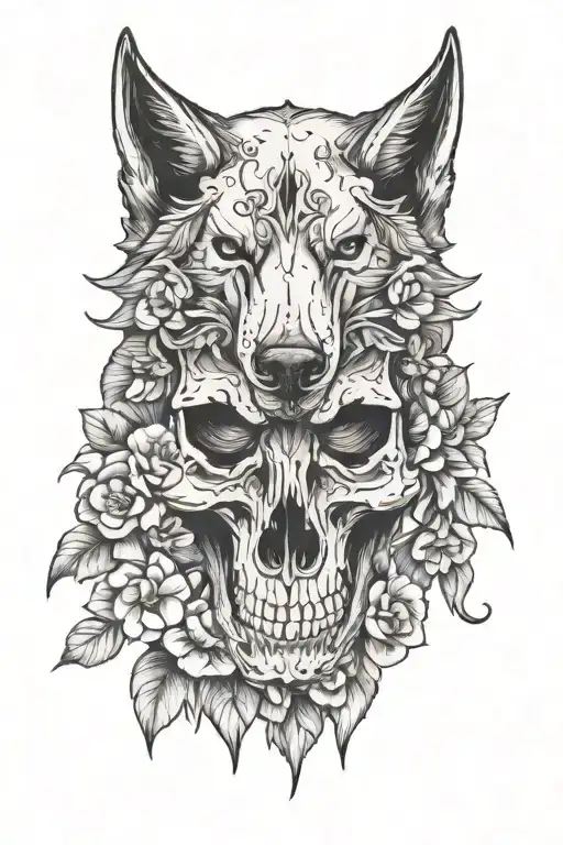 Wolves Skull And Flowers