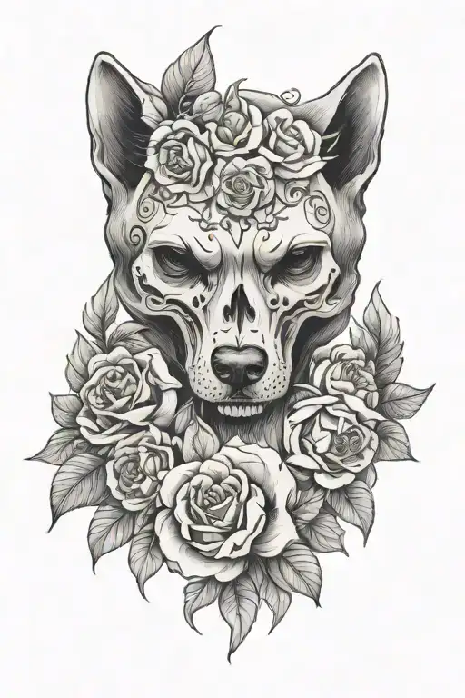 Wolves Skull And Flowers