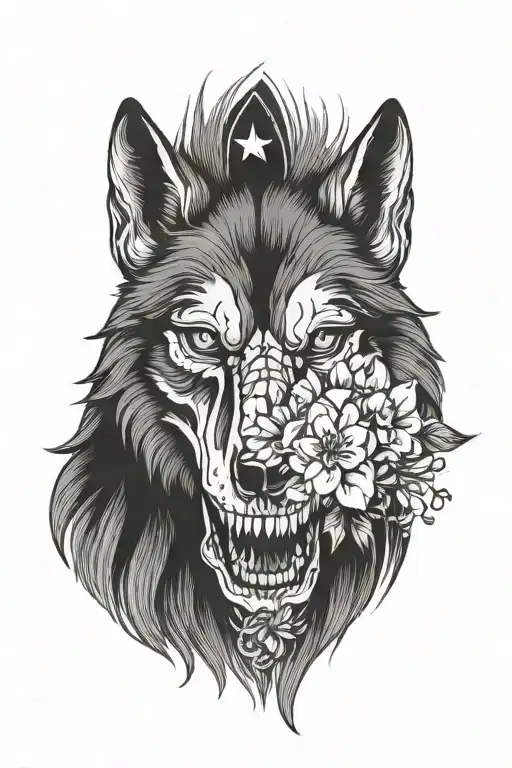 Wolf Skull Head And Flowers