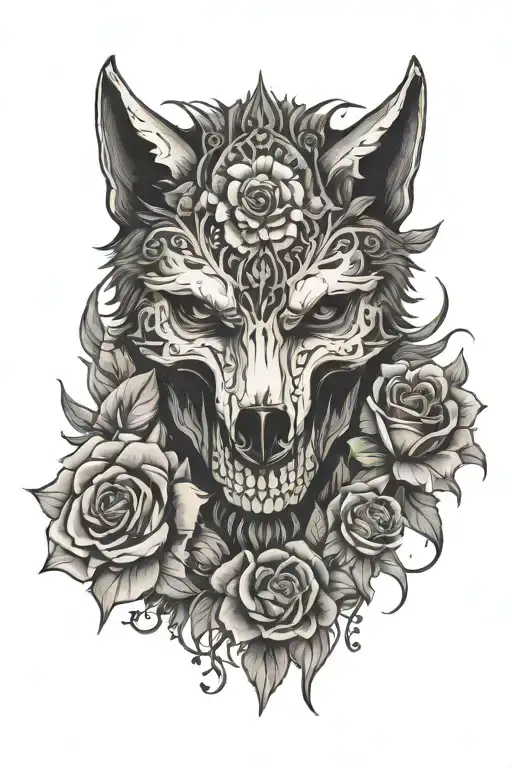 Wolves Skull Head And Flowers