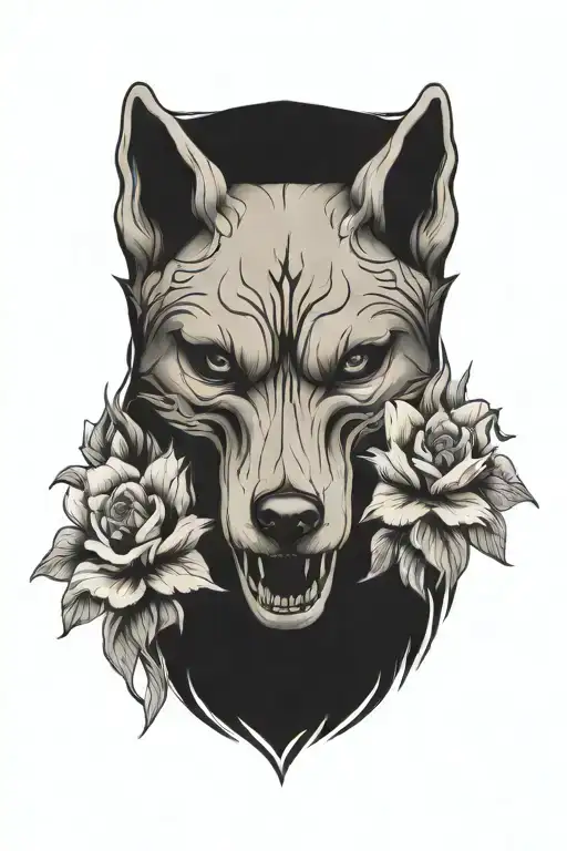 Wolves Skull Head And Flowers