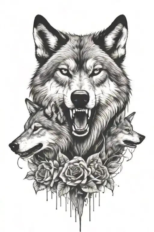 Wolves Head And Flowers That Are Bleeding