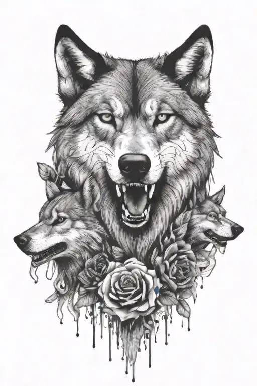 Wolves Head And Flowers That Are Bleeding