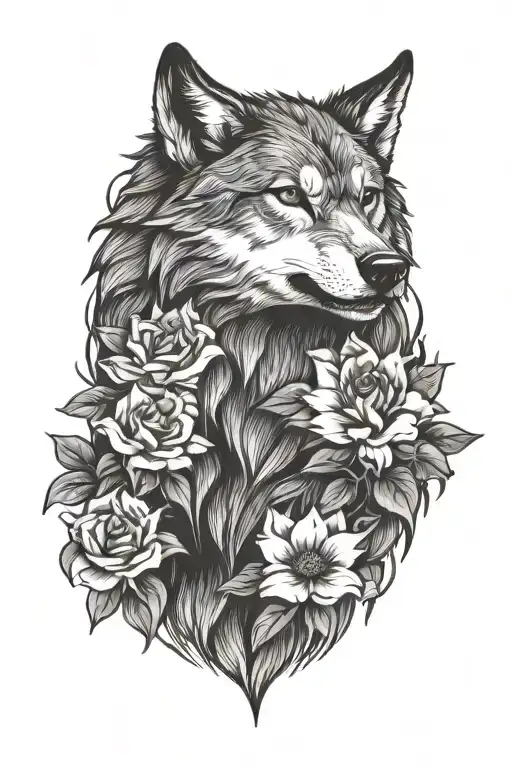 Angry Wolf And Flowers