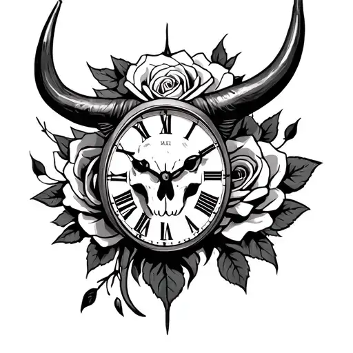 Lion Skull Bull Rose Clock Embedded In Polynisian Tatto