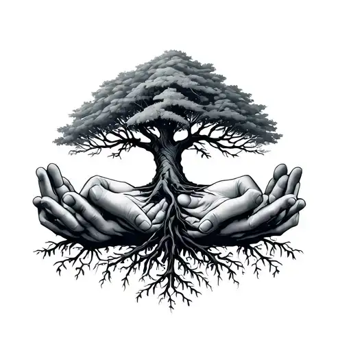 Family Tree With Roots And Hands Holding
