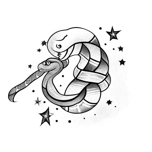 Snake With Stars Moon In It's Body And Clouds As The Background