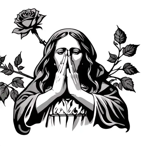 Mother Of Jesus With Hands In Prayer And Under A Rose