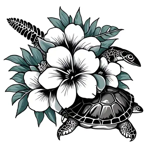 Hawaiian Flowers With Eleohaand Turtles