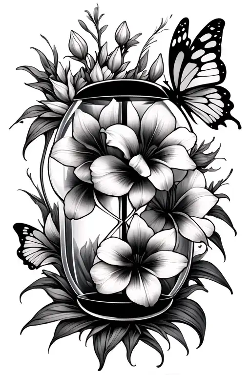 Gladiolus Flower And Hourglass Combined With Butterflies