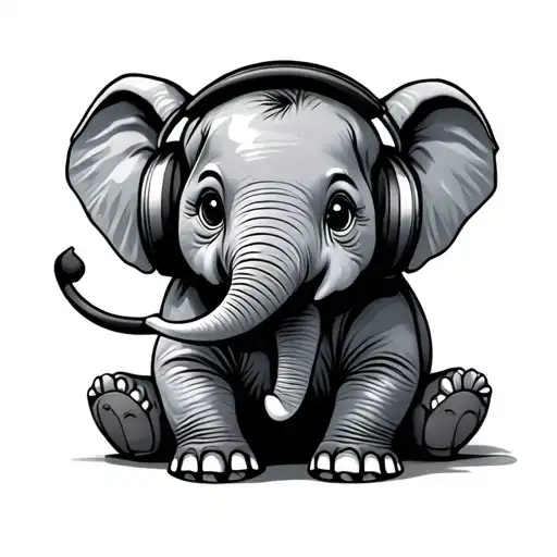 Baby Elephant With Headphones Listening To Music