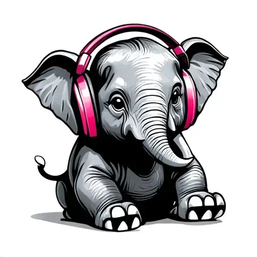 Baby Elephant With Headphones Listening To Music