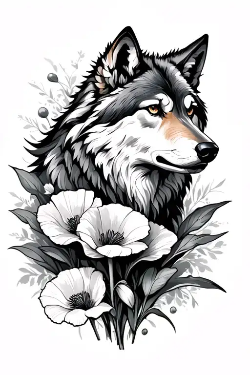 Wolf With Gladiolus And Poppy Flowers