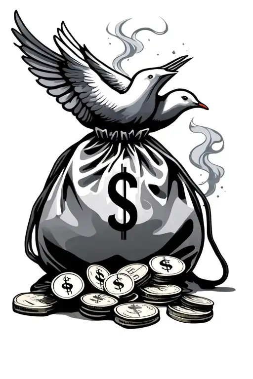 Money Bag Tattoo With Smoke And Dove