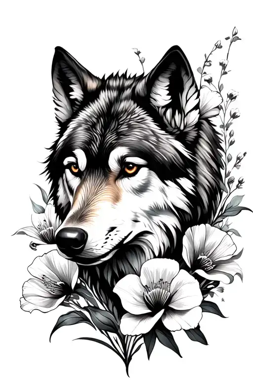 Wolf With Gladiolus And Poppy Flowers Intertwined