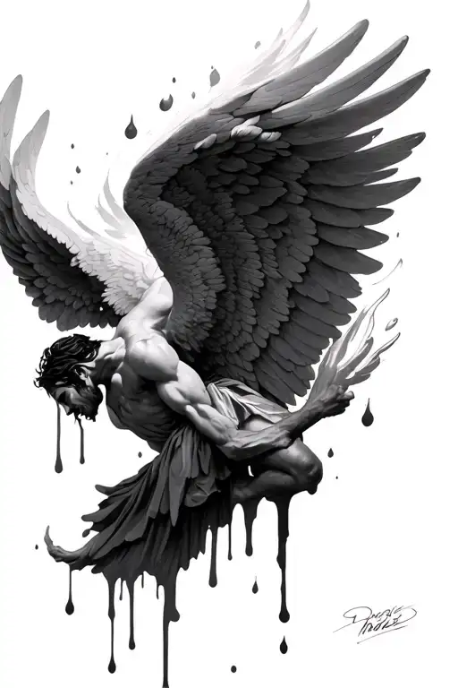 Icarus Falling Smiling With Half Wings Melted Wax And Half Wing Solid Wax